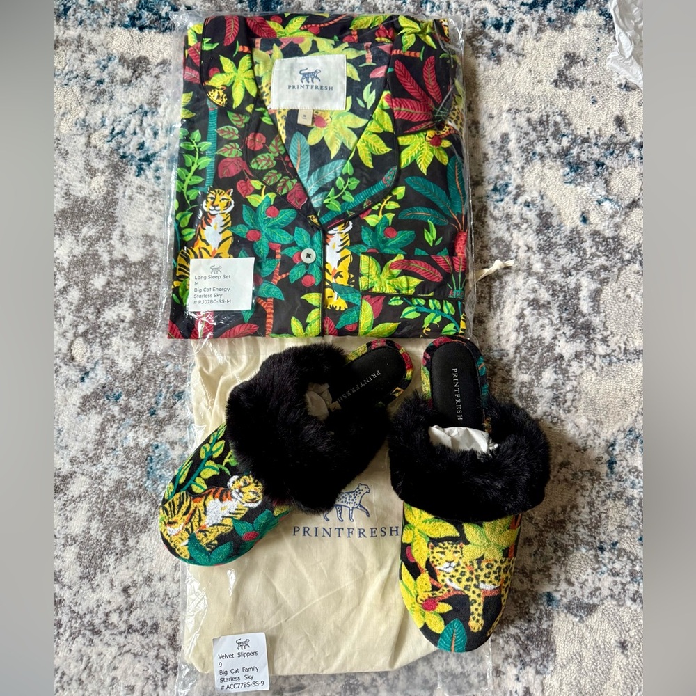 Printfresh Big Cat Energy Long Sleep Set & Velvet Slippers NWT bundle
